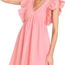 FANCYINN Women's Summer Casual Babydoll Mini Dress Ruffle Sleeveless Deep V Neck Pleated Swing Flowy Tunic Dress, S