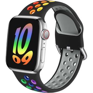 Sport Band Compatible with Apple Watch Women Men, Breathable Soft Silicone Replacement Strap For iWatch Black/Rainbow, 49/46/45/44/(42mm-Series 3) M/L