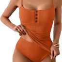 Women's Tankini Swimsuit Ribbed Tummy Control Two Piece Bathing Suit Button Up Swimwear with High Waisted Bottom (Medium, Orange)