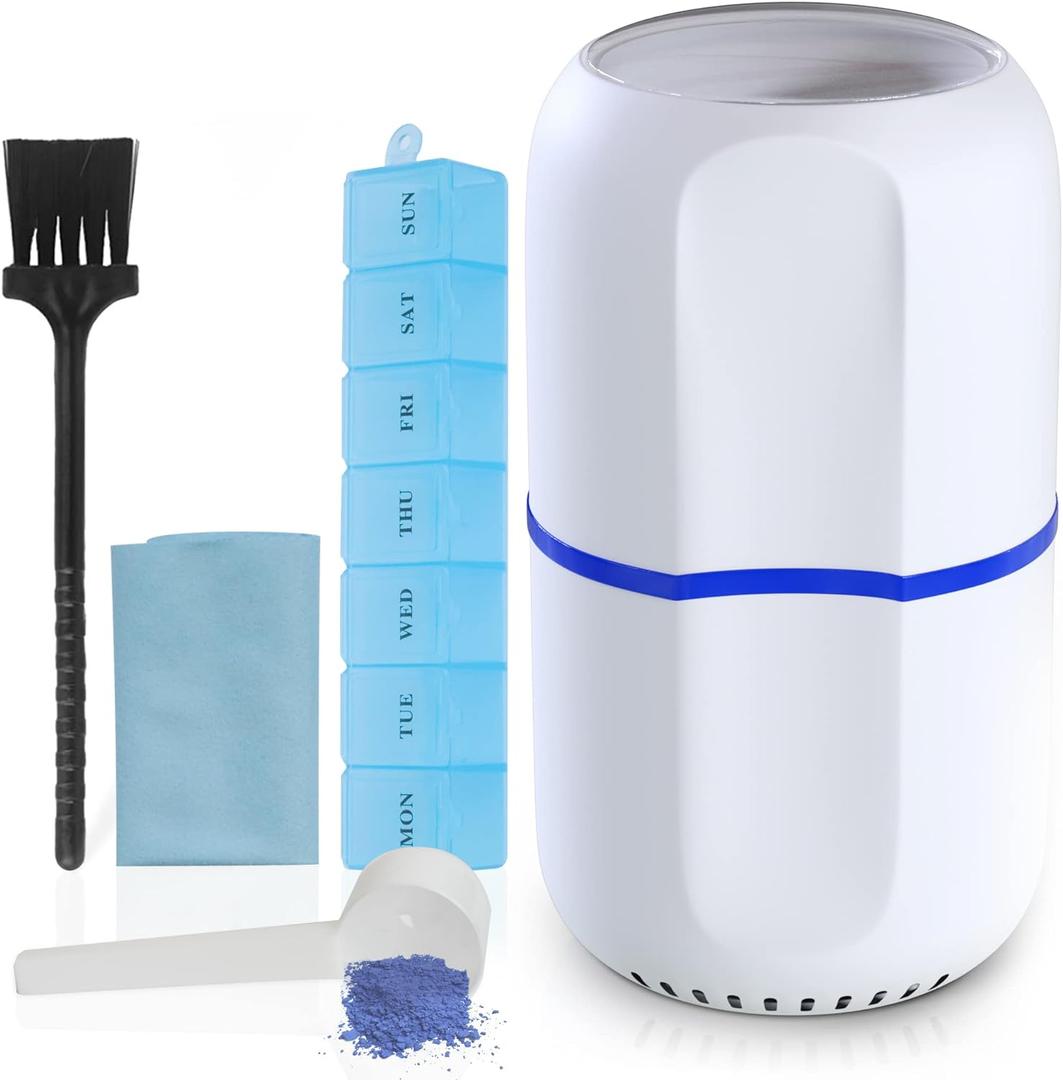 Electric Pill Crusher Grinder - Fine Powder Electronic Pulverizer for Small & Large Medication & Vitamin Tablets - Comes with Pill Organizer, Brush, Spoon, Cloth & Stainless Steel Blades by Pill Mill