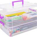 TERGOO 2 Layer Plastic Storage Containers with Lids, Multipurpose Clear Stack & Carry Box, Portable Craft Organizers and Storage Bin for Organizing Art & Craft, Sewing, Makeup, Nail Supplies (Purple)