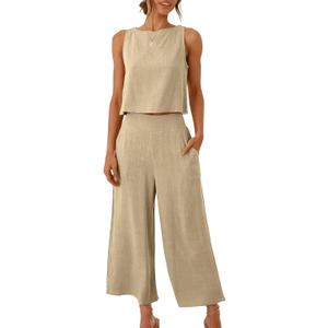 ANRABESS Women's Summer 2 Piece Outfits Sleeveless Crop Top Capri Wide Leg Pants Jumpsuit Linen Lounge Beach Travel Sets (X-Large, Apricot)
