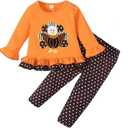Noubeau Toddler Baby Girl Thanksgiving Outfits Cute Turkey Ruffled Shirt Flared Sleeves Top Polka Dot Pants (Orange)