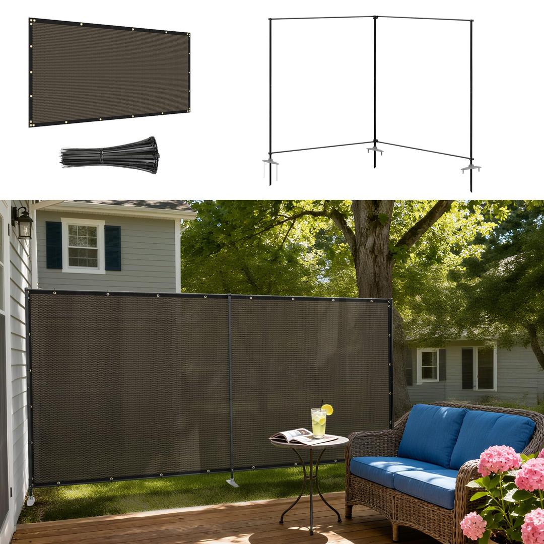 Windscreen4less Outdoor Privacy Fence Screen, 5'x12' Freestanding Privacy Fencing Set with Iron Poles and Ground Spikes, UV Resistant Mesh Cover Garden Pet Fencing for Backyard Patio Pool, Brown