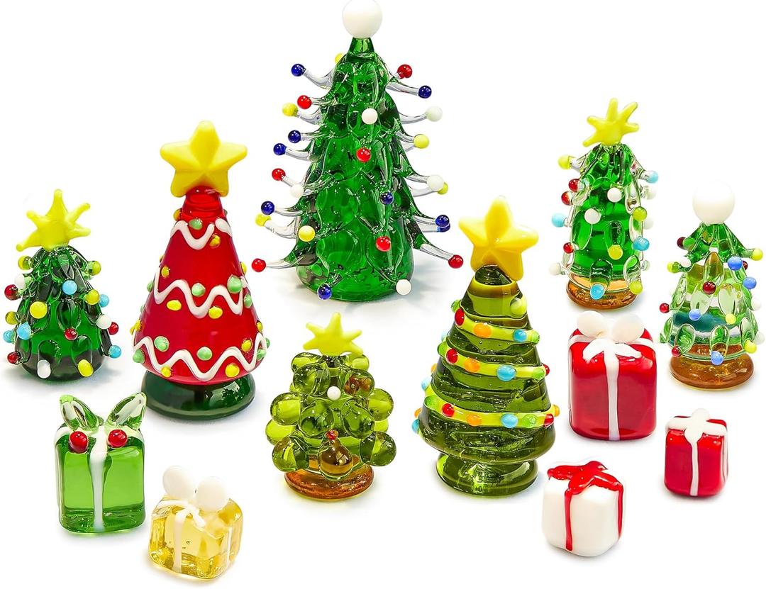 HDCRYSTALGIFTS 12PCS Mini Christmas Figurines Ornaments Blown Glass Christmas Tree & Gift Box Miniatures Tabletop Centerpieces, Festival Gifts for Winter Holiday Home Decor Craft Party
