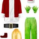 Christmas Santa Costumes Adult Funny Cosplay 8pcs Green Santa Costume,Men's Luxury Velvet Santa Claus Costume for Men