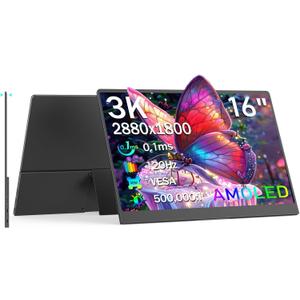 OLED Portable Monitor 16", 3K 2880x1800 120Hz 0.1ms USB-C HDMI Portable Monitor with 120% DCI-P3 Built-in Kickstand & Speakers for Laptop Windows Mac Phone Switch PS5, Black