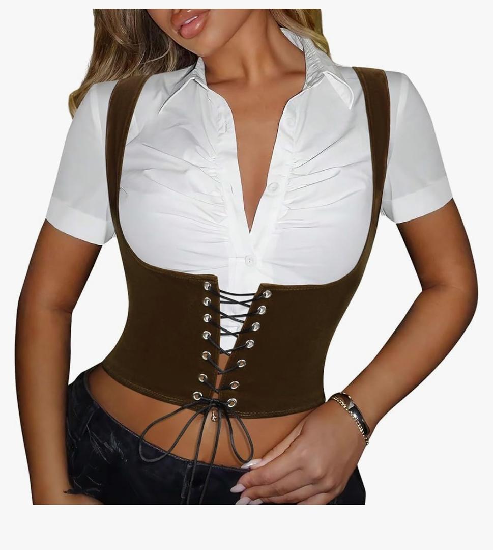 Lace Up Corset Suede Bustier Women's Waist Trainer Tank Steampunk Underbust Corset for Halloween Pirate Costume70, S  Lace Up Corset Suede Bustier Women's Waist Trainer Tank Steampunk Underbust Corset for Halloween Pirate Costume70, S