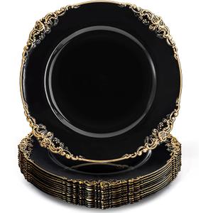 Okllen 12 Pack Plastic Round Charger Plates, 13" Dinner Charger Dessert Plates with Gold Rim, Vintage Charger Serving Plates for Catering, Wedding, Tabletop Decor, Black, Floral Trim Okllen 12 Pack Plastic Round Charger Plates, 13" Dinner Charger Dessert Plates with Gold Rim, Vintage Charger Serving Plates for Catering, Wedding, Tabletop Decor, Black, Floral Trim