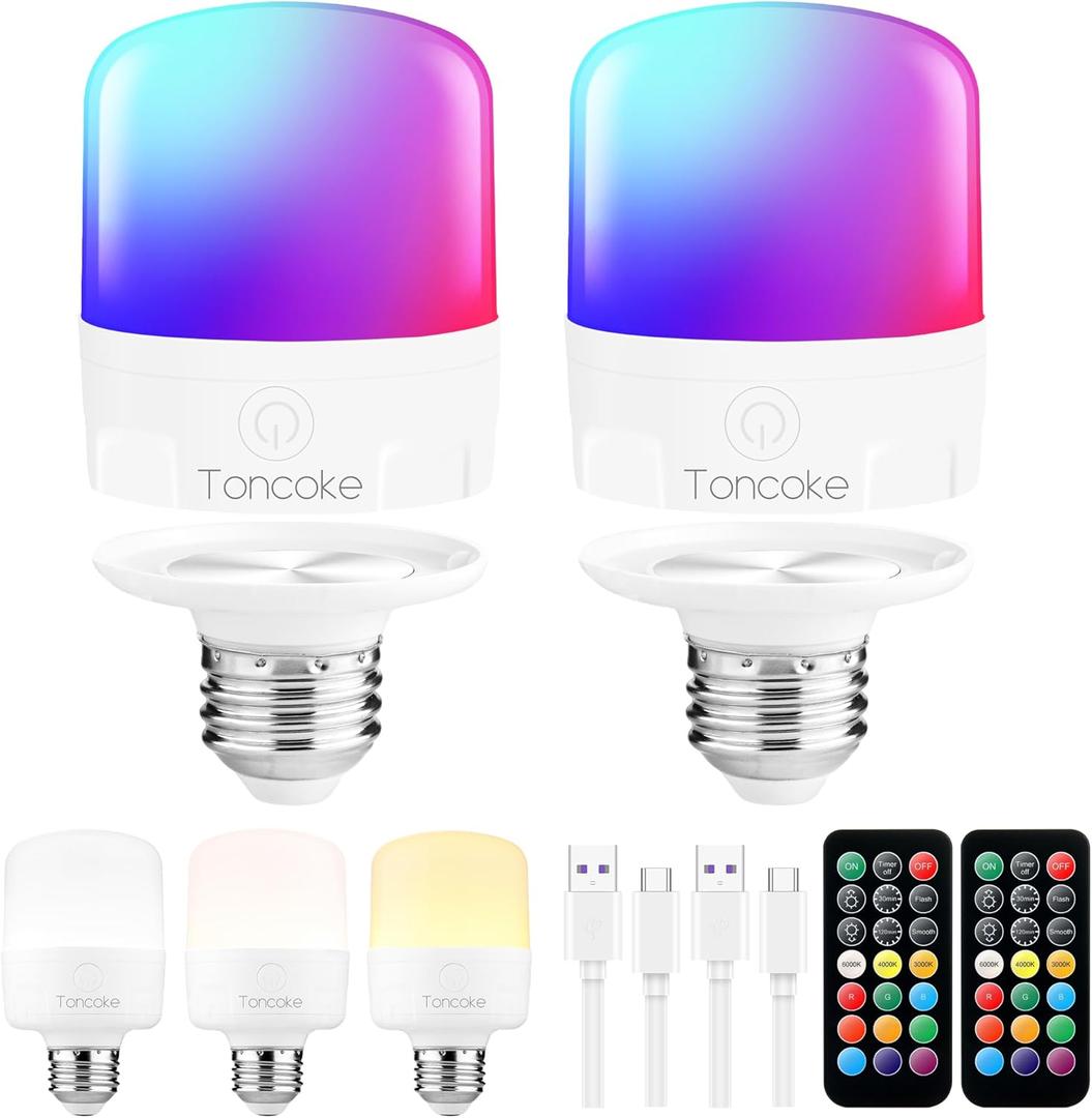 E26 Rechargeable Light Bulbs with Remote, Battery Operated Backup Bulb with Remote and Timer for Sconces Lamps Detachable Wireless Emergency, 3 Color Temperatures + 9 RGB Colors, Non-Hardwired, 2 Pack