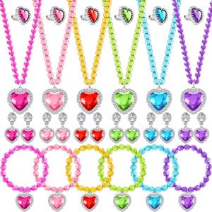 Henoyso 6 Set Princess Jewelry Dress Up Pretend Toy Colorful Jewelry Set with Necklace Bracelet Rings Earrings Princess Costume Beaded Toy Necklace for Party Favors Costume