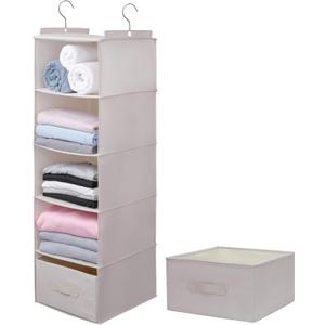 Large Hanging Sweater Organizer for Closet,Collapsible 6-Shelf Hanging Closet Shelves with Drawers, Washable (Beige -5 Shelf-1 d)