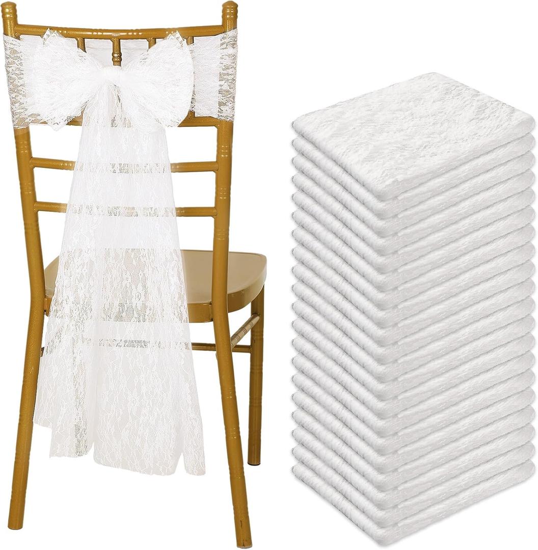 VitalCozy 50 Pcs Vintage Chair Sashes Embroidered Boho Bows Rustic Floral Chair Ties for Wedding Bridal Shower Baby Shower Birthday Party Table Decoration, 7 x 108 Inches(Lace,White)