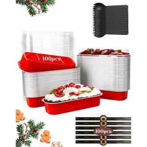 100 Pack Mini Loaf Pans with Lids and Spoons Sealing Sticker, 6.8oz Aluminum Foil Mini Cake Pans for Baking, Disposable Small Mothers Day Bread Pans with Lids  Valentines Tins CupCake, Red