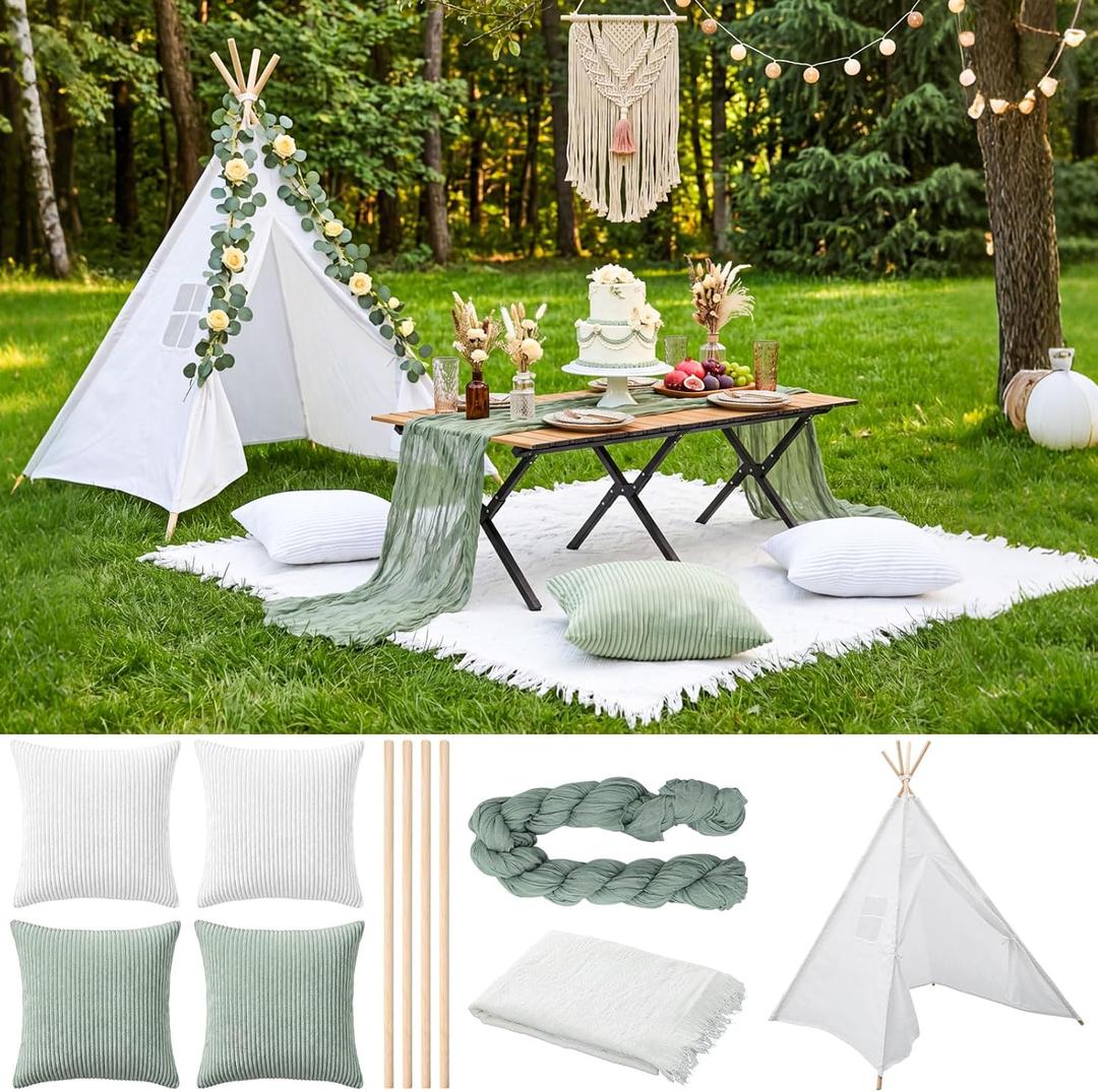 7 Pcs Boho Camping Decor Set with Teepee Tent, Large Picnic Blanket 71x71, 4 Pillow Covers & Table Runner, Aesthetic Glamping Kit for Indoor Outdoor Party, Proposal, Photoshoot(Sage Green)