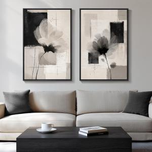 Large Framed Neutral Abstract Floral Wall Art, Set of 2 Black and Beige Modern Canvas Prints Paintings Artwork for Walls, Minimalist Pictures for Living Room, Dining Room, Bedroom Wall Decor 24x36 In