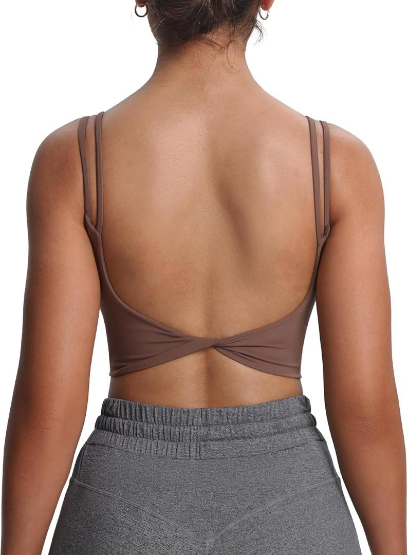 Aoxjox Women's Workout Sports Bras Fitness Yoga Crop Tank Twist Back Cami (Medium, 1 Fudge Coffee)