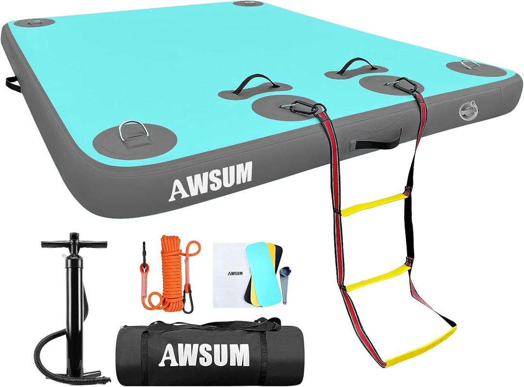 AWSUM Inflatable Floating Dock Air Dock Platform Floating Island Raft with None-Slip Surface for Pool Beach Ocean (8  6 ft, Mint Green/Gray)