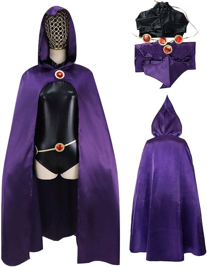 Raven Cosplay Costume Teen Purple Cape With Belt Cloak Wristlets Halloween Raven, 3XL