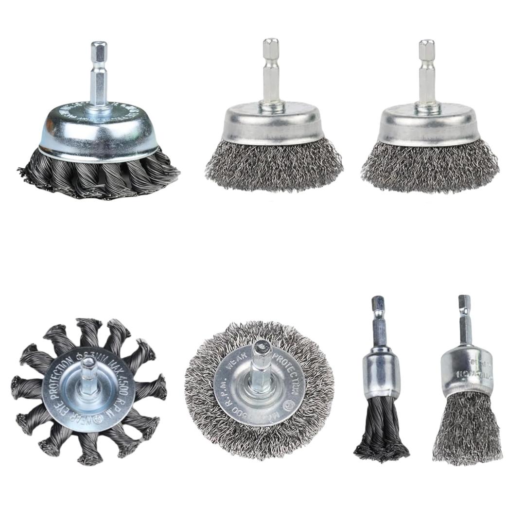 7 Pack Wire Brush for Drill, Carbon Steel Wire Wheel Brush, Cup Brush, Pen Brush Set with 1/4-Inch Hex Shank for for Cleaning Rust, Stripping and Abrasive
