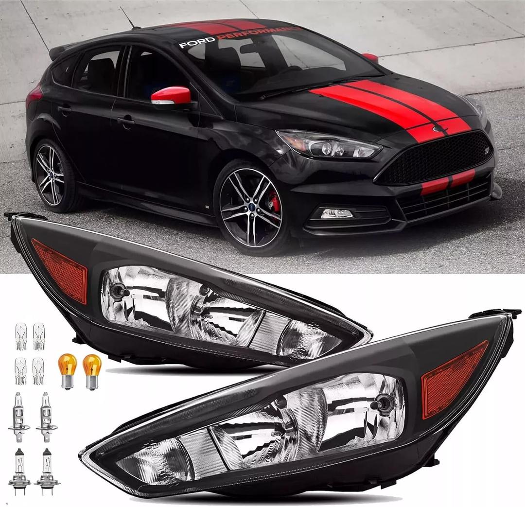 2PCS Headlight Assembly With Bulbs For 2015 2016 2017 2018 Ford Focus S SE ST SEL Titanium Replacement Focus Mark 3 Facelift Halogen Headlamps With Black Bezel Amber Reflector Without LED DRL (Black Amber Without LED DRL)