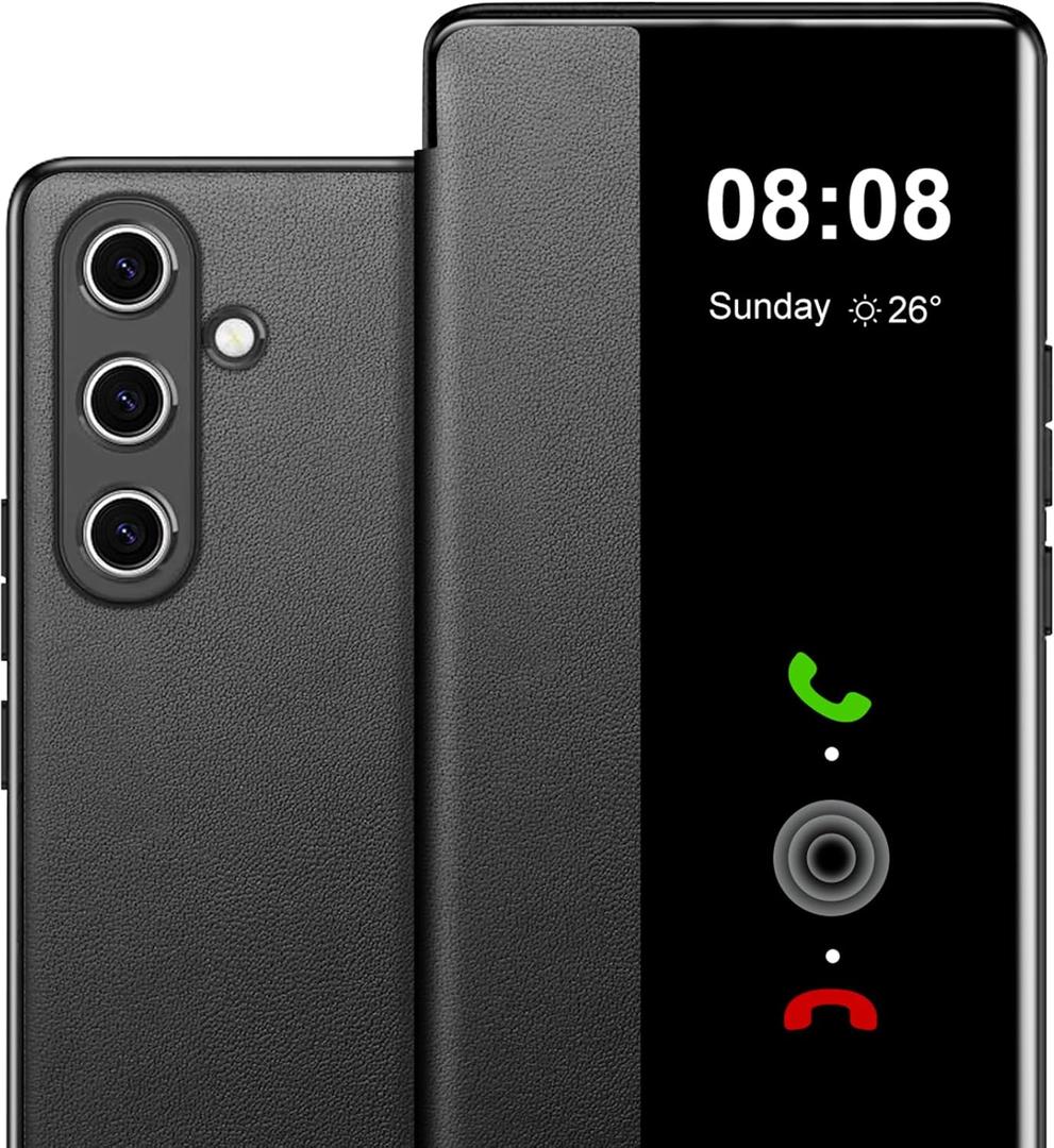 for Samsung Galaxy A35 Case Flip Leather Cover Clear S-View, for Samsung A35 Phone Case Smart Window Hard Flip Shockproof Protective Cover for Samsung 5G A35 Case Clear View (Black)