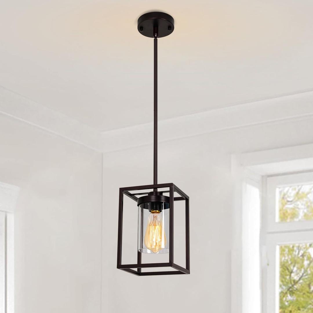 1-Light Oil Rubbed Bronze Pendant Light Fixture, Farmhouse Iron Cage Metal Pendant Light, Lantern Pendant Lighting with Clear Glass Shade for Kitchen Island Entryway Dining Room Hallway
