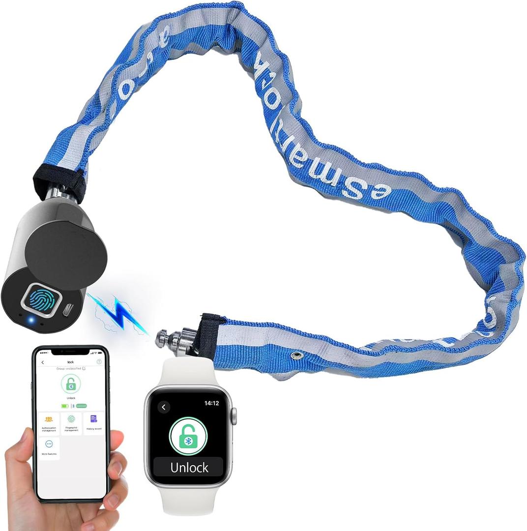 Fingerprint Bike Chain Lock, Heavy Duty Bluetooth Bike Lock Waterproof Biometric Keyless Anti-Theft Lock with 3.3 Feet Long Chain Lock for eBike Scooter Gate Ski Snowboard