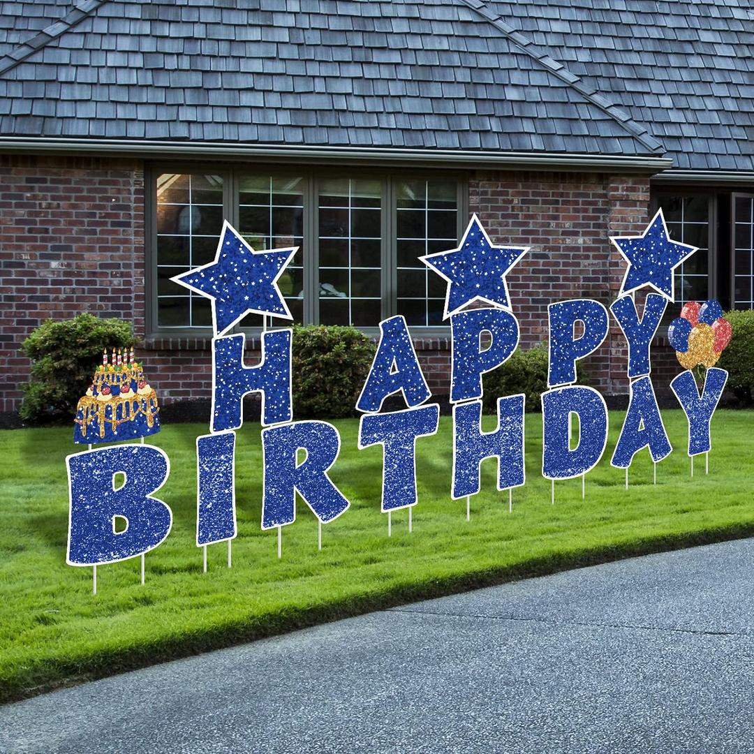 Jetec 18 Pieces Happy Birthday Yard Signs with Stakes, 16 Inches Birthday Outdoor Lawn Signs, Cake Balloon Patio Decorations, Garden Lawn Decorations for Party Outdoor Decor(Blue)