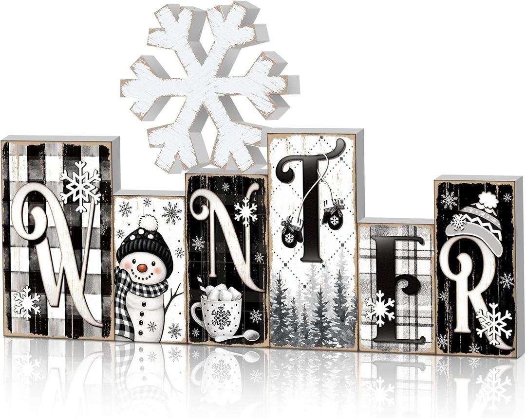 2 Pcs Winter Table Decor Snowman Christmas Table Centerpieces Black and White Snowman Tiered Tray Decor Snowflake Block Signs Winter Decorations for Home Kitchen Office Shelf Blue