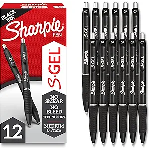 Sharpie SGel Gel Pens, Black Barrel, Medium Point (0.7mm), Black Gel Ink Pens, 12 Count  Home, Office, School, Journaling, Writing, NoteTaking, Teacher Supplies