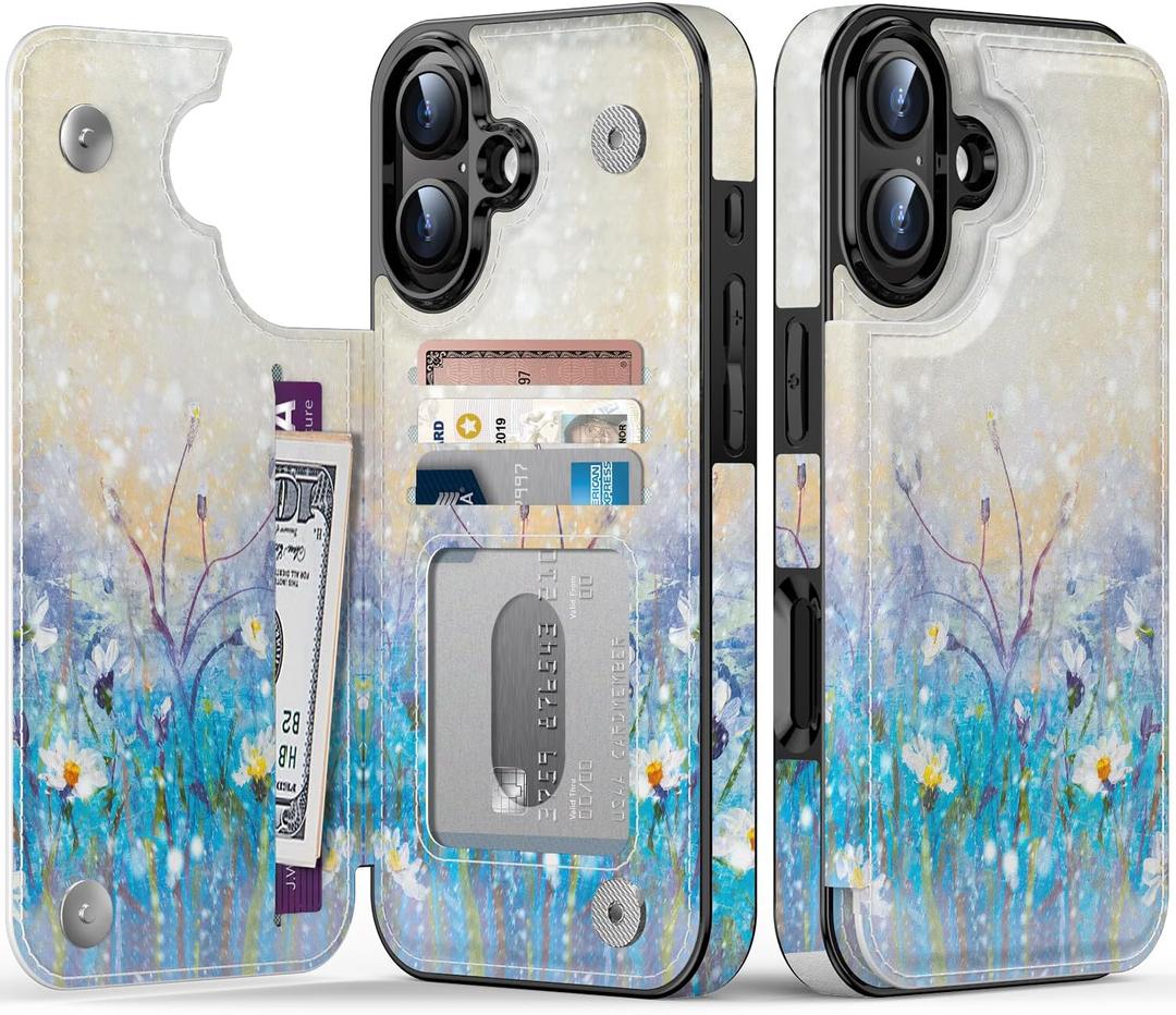 LETO for iPhone 16 Plus Wallet Case - Flip Folio Leather Kickstand - Fashionable Flower Designs - Credit Card Holder - Protective Phone Cover for Women and Girls - 6.7" - White Flowers Blue Purple