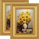Splinterix 5x7 Gold Picture Frames Set of 2, Ornate Vintage 5 x 7 Photo Frames for Wall Decor or Tabletop Display,5 x 7 Gold Frame with Real Glass, Display 4x6 Pictures with Mat or 5x7 without Mat for Antique Dco