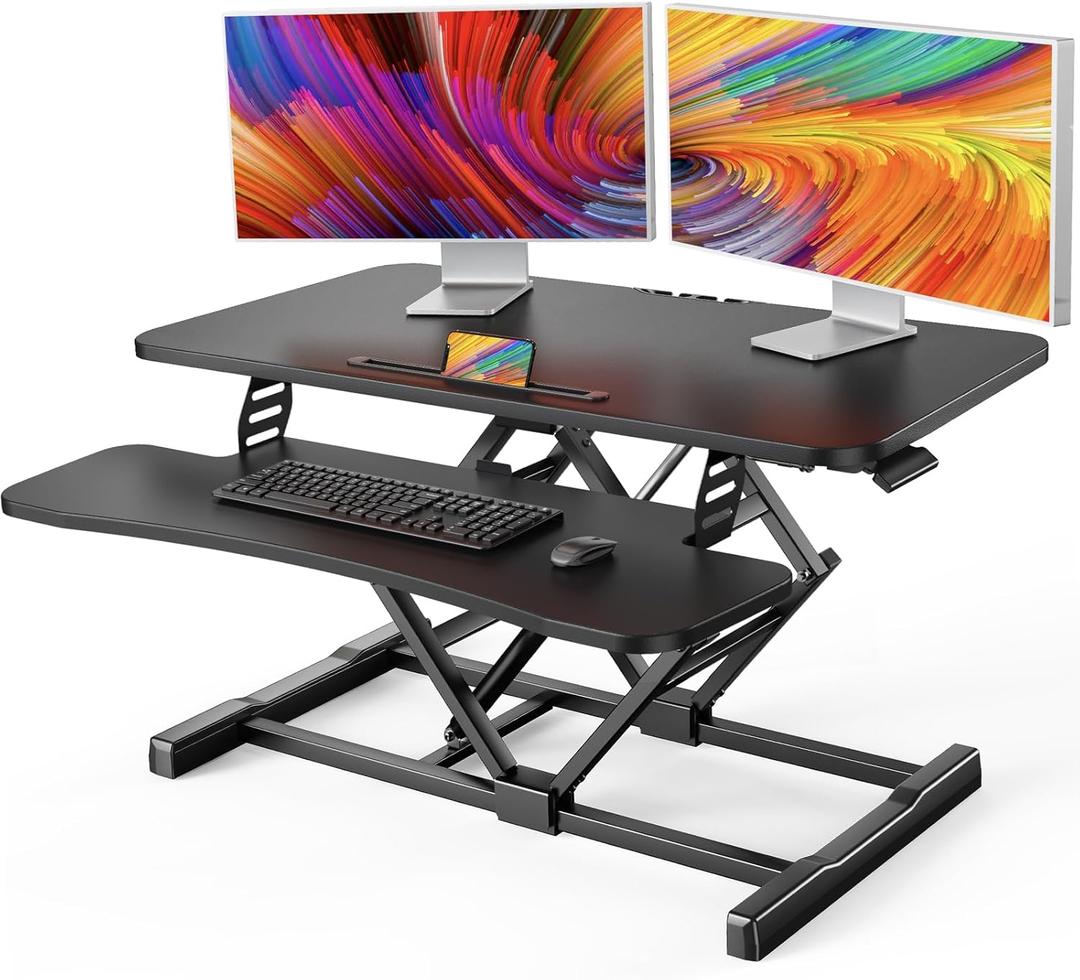 HUANUO Standing Desk Converter, 32 Sit to Stand Desk with Keyboard Tray, Height Adjustable Stand Up Desk Riser for Home Office, Dual Monitor and Laptop Workstation, Black (32 Inch)