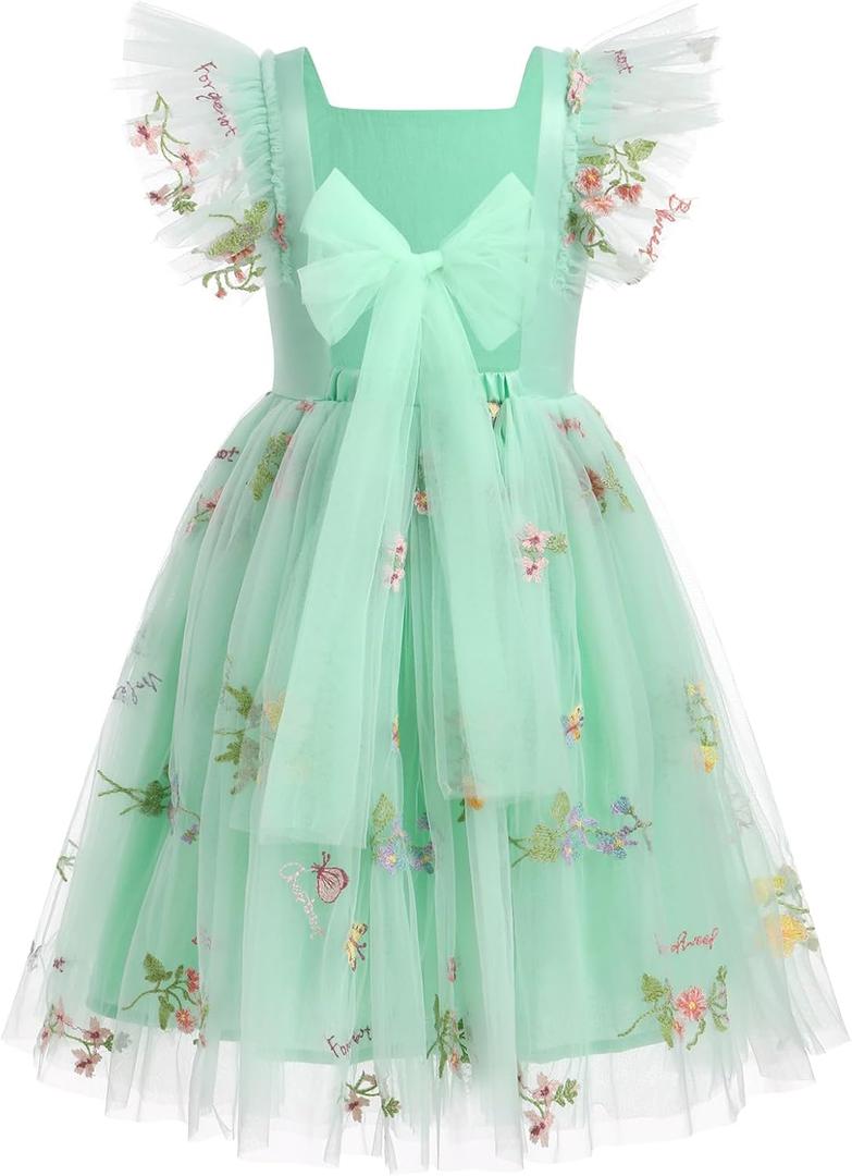Toddler Flower Girl Dress for Wedding Floral Butterfly Daisy Flutter Sleeve Princess Birthday Tea Party Sundress (Green, S)
