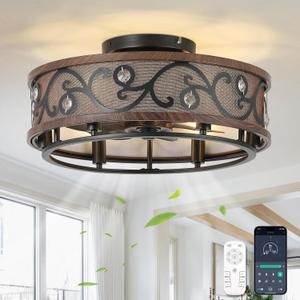Chansim 20" Caged Ceiling Fan with Light, Flush Mount Fandelier Farmhouse Style, Low Profile Ceiling Fan with Remote, 6 Speeds and Reversible for Bedroom, Kitchen, Dining Room, Brown