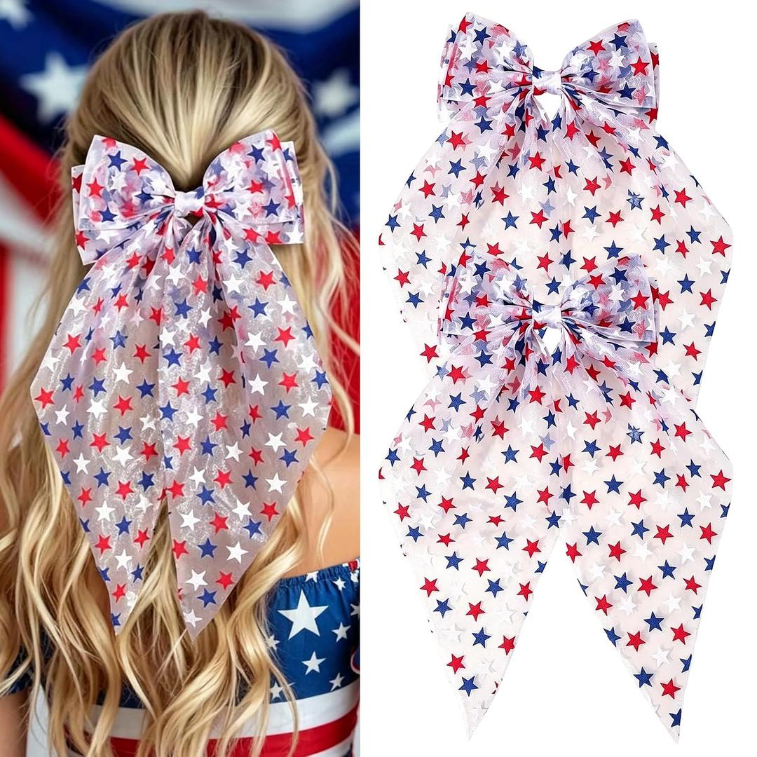 4th of July Hair Bow Clips for Women Independence Day 2 PCS | Stiff Tulle Glitter Red White Blue Star Print Large Patriotic Hair Bows Hairgrips Cheerleader Teens Decor