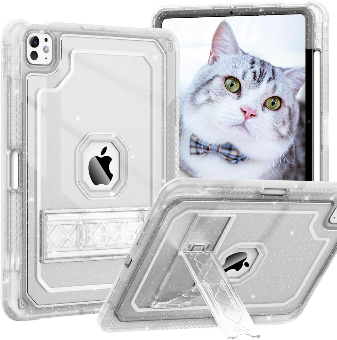 Case for iPad Pro 11 Inch Case M5/M4(2025/2024) with Pencil Holder, Slim Hard Translucent Protective Cover for M5/M4 iPad Pro 11" with Kickstand, Clear Glitter