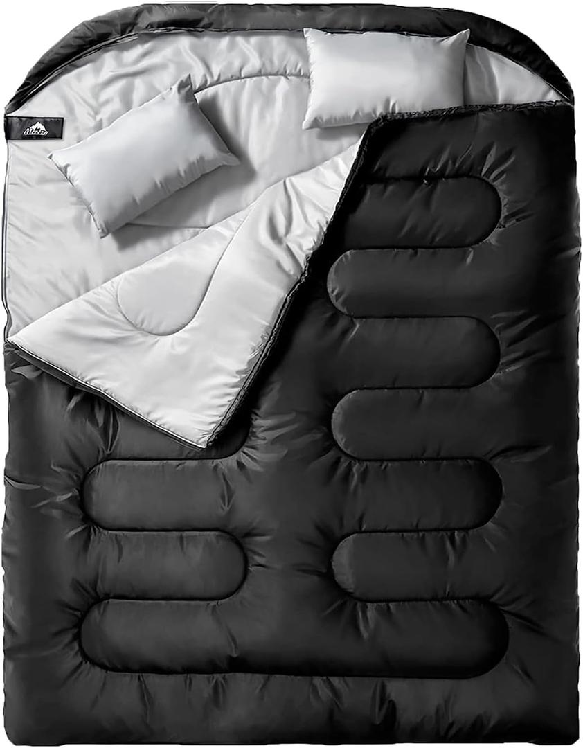 MEREZA Double Sleeping Bag for Adults Mens with Pillow, XL Queen Size Two Person Sleeping Bag for All Season Camping Hiking Backpacking 2 Person Sleeping Bags for Cold Weather & Warm (Double (90.6in*61in), Black)