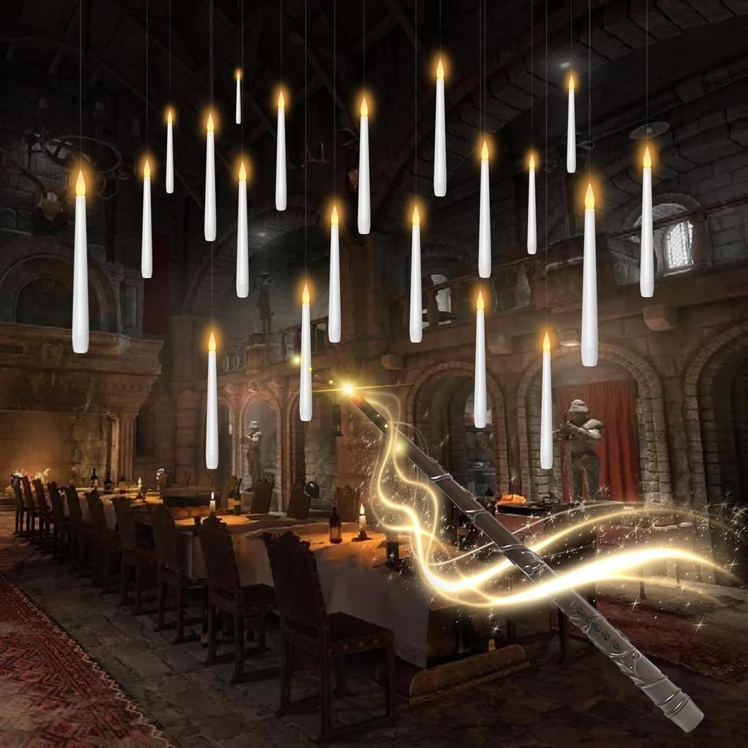 Flameless Floating Candles with Wand20 Pcs Magic LED Hanging Taper CandlesFlickering Battery Operated Taper Candle with Wand Remote for Halloween Decorations Best GiftWhite