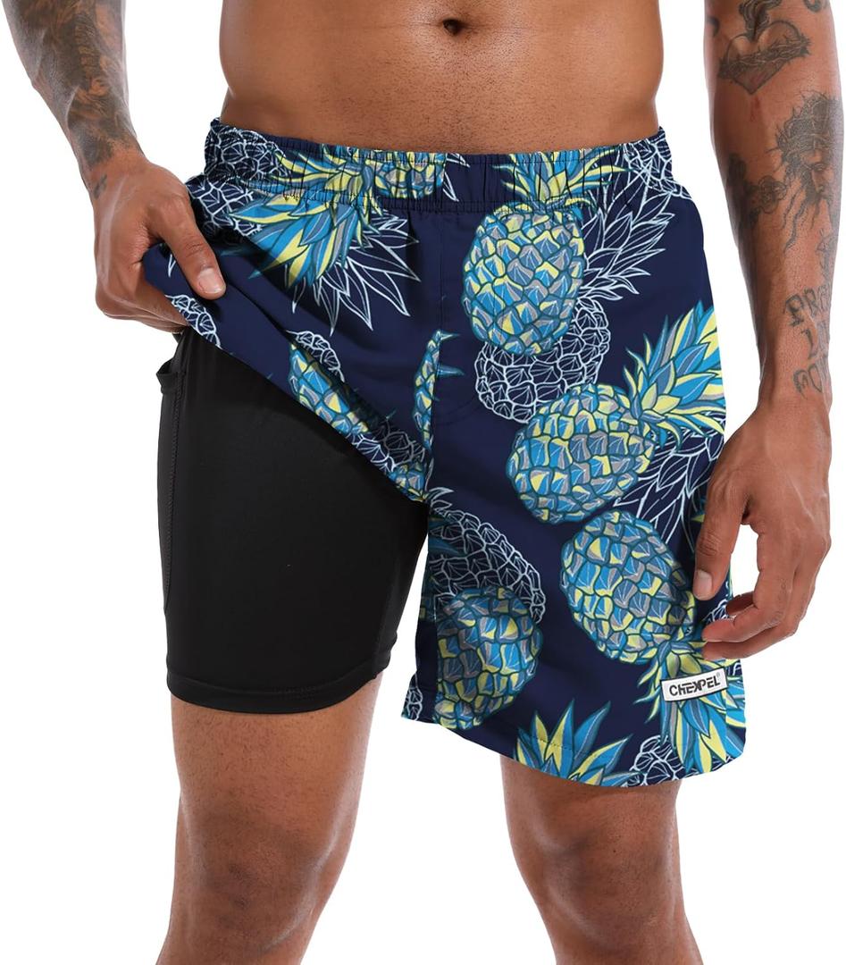 CHEXPEL Men's Swim Trunks Quick Dry Beach Shorts with Pockets and Compression Liner 7 Inch Inseam Bathing Suits (Pineapple), 3XL
