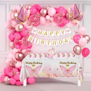 Butterfly Decorations for Girls, Pink Butterfly Themed Birthday Decorations Party Supplies with Balloon Arch Kit Backdrop Banner Foil Balloons Wall Decor, Princess Baby Shower Bday Party