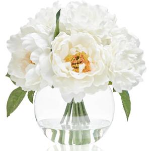 WELL KNOWN Artificial Flowers in Vase, Peonies Artificial Flowers for vase with Faux Water for Coffee Table Decor, Silk Fake Flower Arrangements Peonies Table Centerpieces (White) (Ivory)