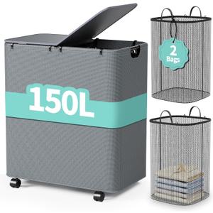 Yecaye 150L Laundry Hamper with Wheels, Rolling Laundry Basket with Lid and 2 Removable Laundry Bag, Large Capacity 2 Section Clothes Hampers for Laundry Room, Bedroom, Bathroom, Dorm, Grey 