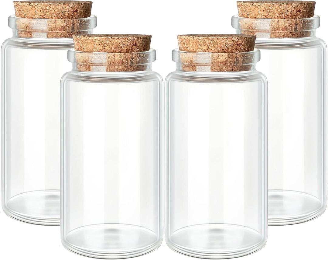 4pcs 100ml / 3.4 oz. Small Glass Jars with Cork Lids, Spell Jars, Glass Bottles with Cork, Decorative Bottles, Potion Bottles, Cut Jar Vials for Art Crafts DIY Decoration Party Favors Wedding Gift