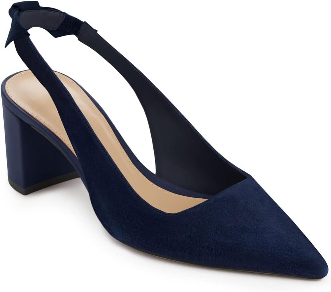 Juliet Holy Womens Pumps Pointed Toe Slip on Slingback Cute Bowknot Classic Chunky Block Heels (8, Navy)