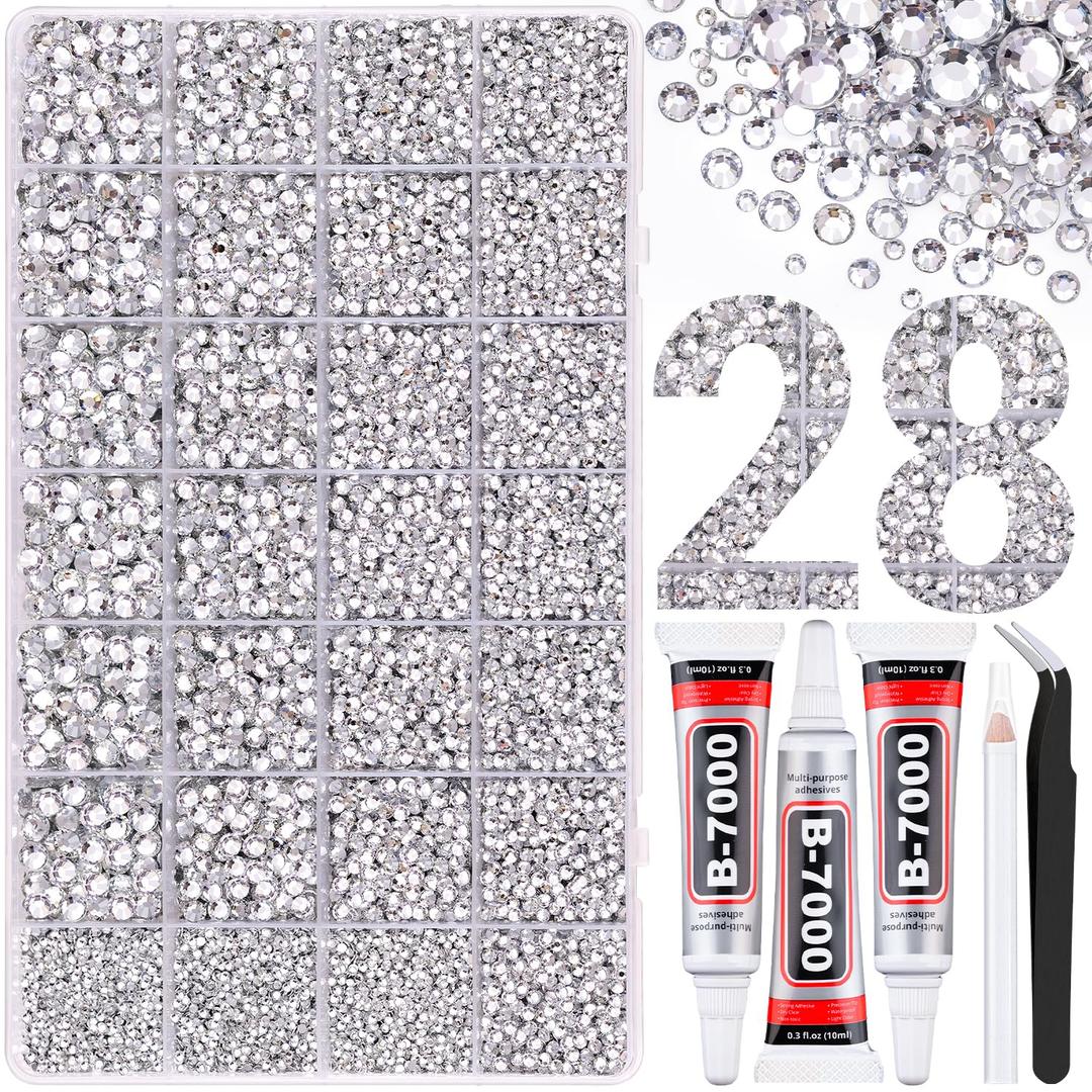 30000Pcs Resin Rhinestones for Bedazzling with Tweezers, Clear Rhinestones for Crafting with 3Pcs 10ml B7000 Jewelry Glue for DIY Crafts Clothing Tumblers Shoes Fabric Nail Art (X-Large Pack + 3Pcs Glue)