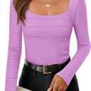 ZESICA Women's Long Sleeve Shirts 2026 Spring Fashion Square Neck Slim Fit Basic Going Out Tops Trendy Outfits (L)