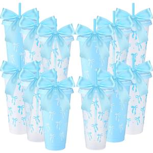 Skylety 12 Pcs Blue Bow Plastic Cups with Lid Straw and Ribbon Set, 24 oz Blue Bow Coquette Party Decorations Reusable Drinking Cups for Birthday Wedding Baby Shower Bridal Party
