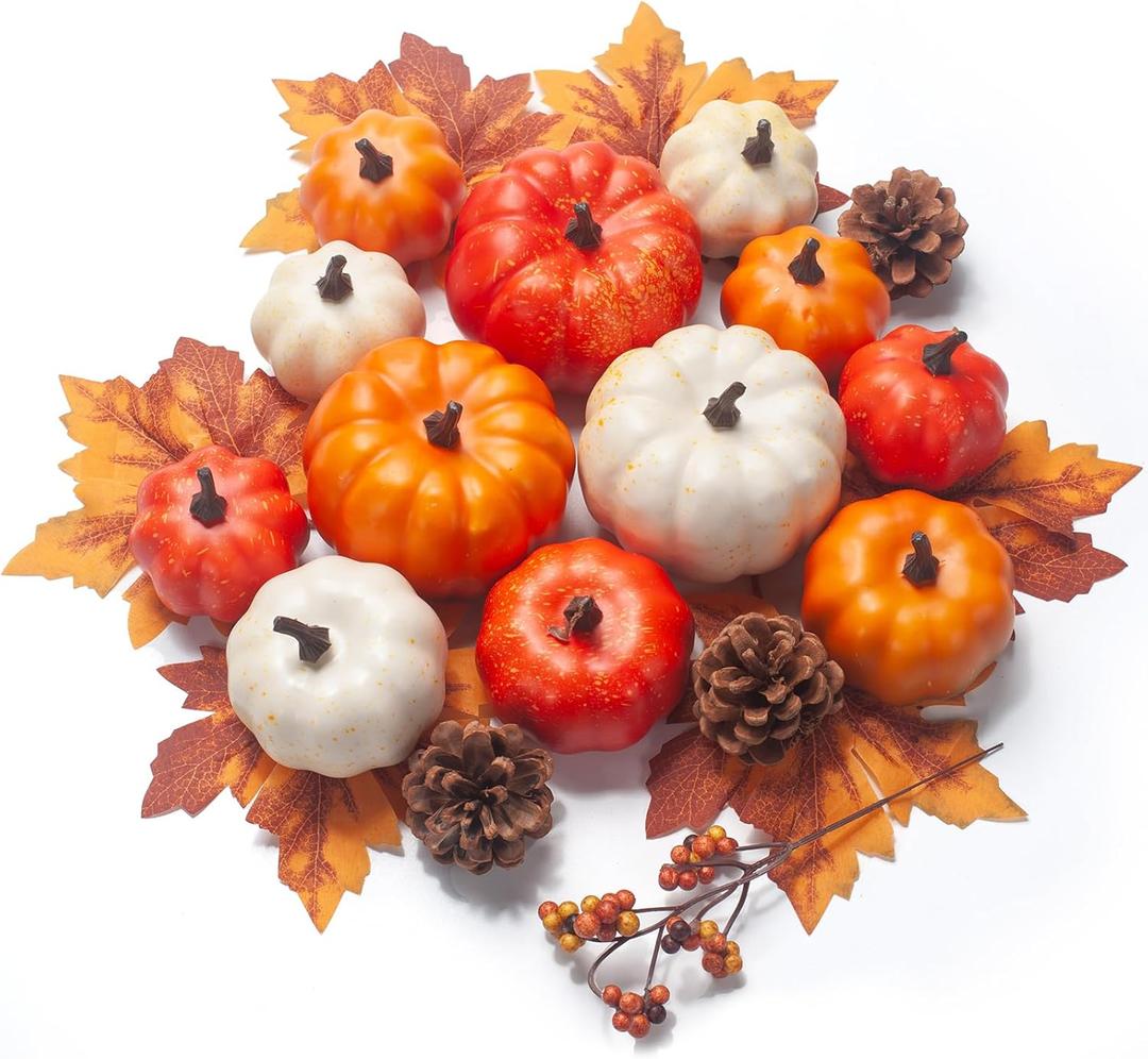 Pumpkin Decor Set, 22 PCS Fall Harvest Decorations - Orange Artificial Pumpkins, Pine Cones, Berries, Maple Leaves for Thanksgiving Farmhouse Fall Wedding Home Table Centerpiece Decor